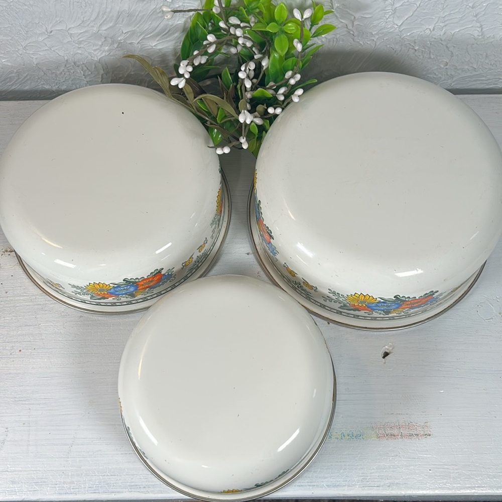 VTG Enamelware Old Amsterdam Floral & Leaf Mixing Nesting Stackable 3 Bowls - Picture 7 of 15